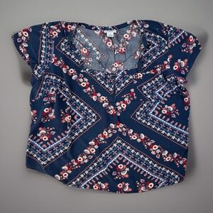 Boho Floral Peasant Blouse Navy Flowy Rayon Plus 2X
